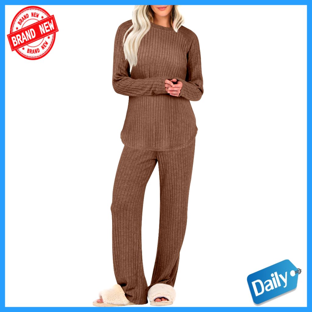 Soft Ribbed Lounge Set Long Sleeve Tunic & Pants Pajama Outfit